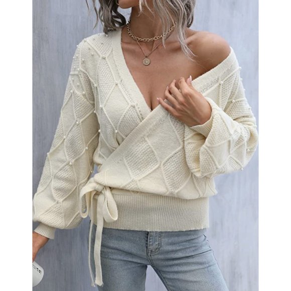 Off White Pearl Embellished Cable Knit Tie Front Wrap VNeck Long Sleeve Sweater - Picture 3 of 7